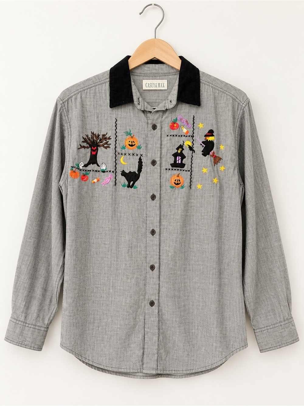 Vintage Casey & Max Halloween Embroidered Shirt L 90s